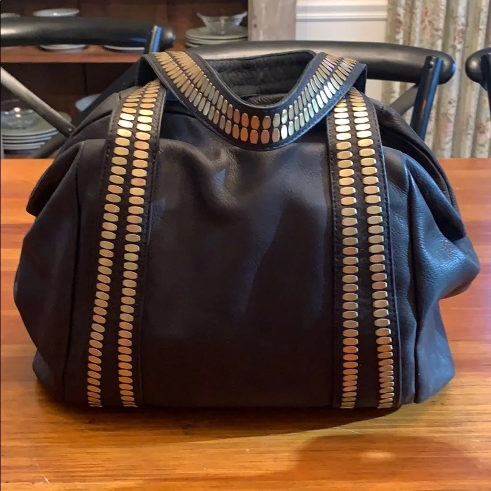 Black Leather Satchel with Gold Stud Detailing